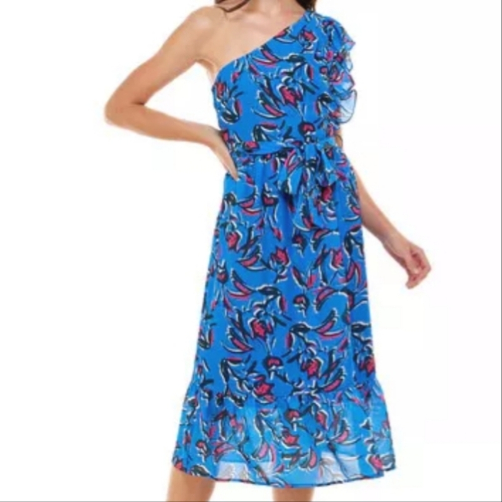 Collective Concepts blue floral one shoulder belted dress. NWT